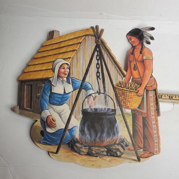 Biestle Paper Co. 1990 Thanksgiving Decorations Pilgrims Turnkey Native American - Picture 3 of 11